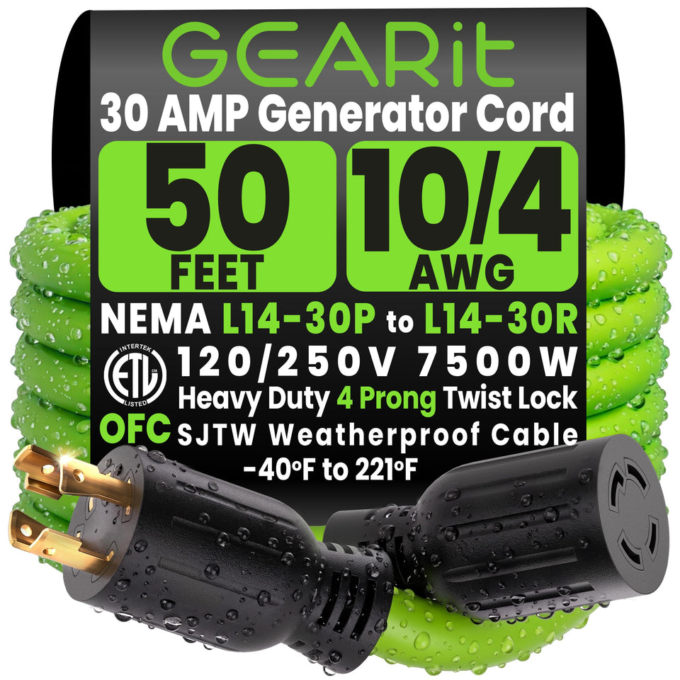 GEARit 30 Amp cord extends 50 ft to reach the generator pedestal for stable operation
