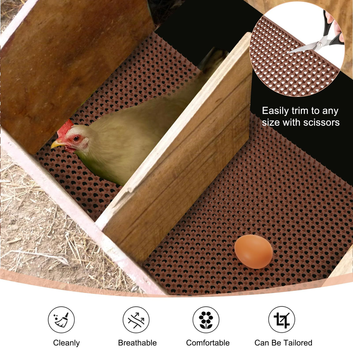 Gebena durable PVC nesting pads ready to withstand active chickens in the nesting area.