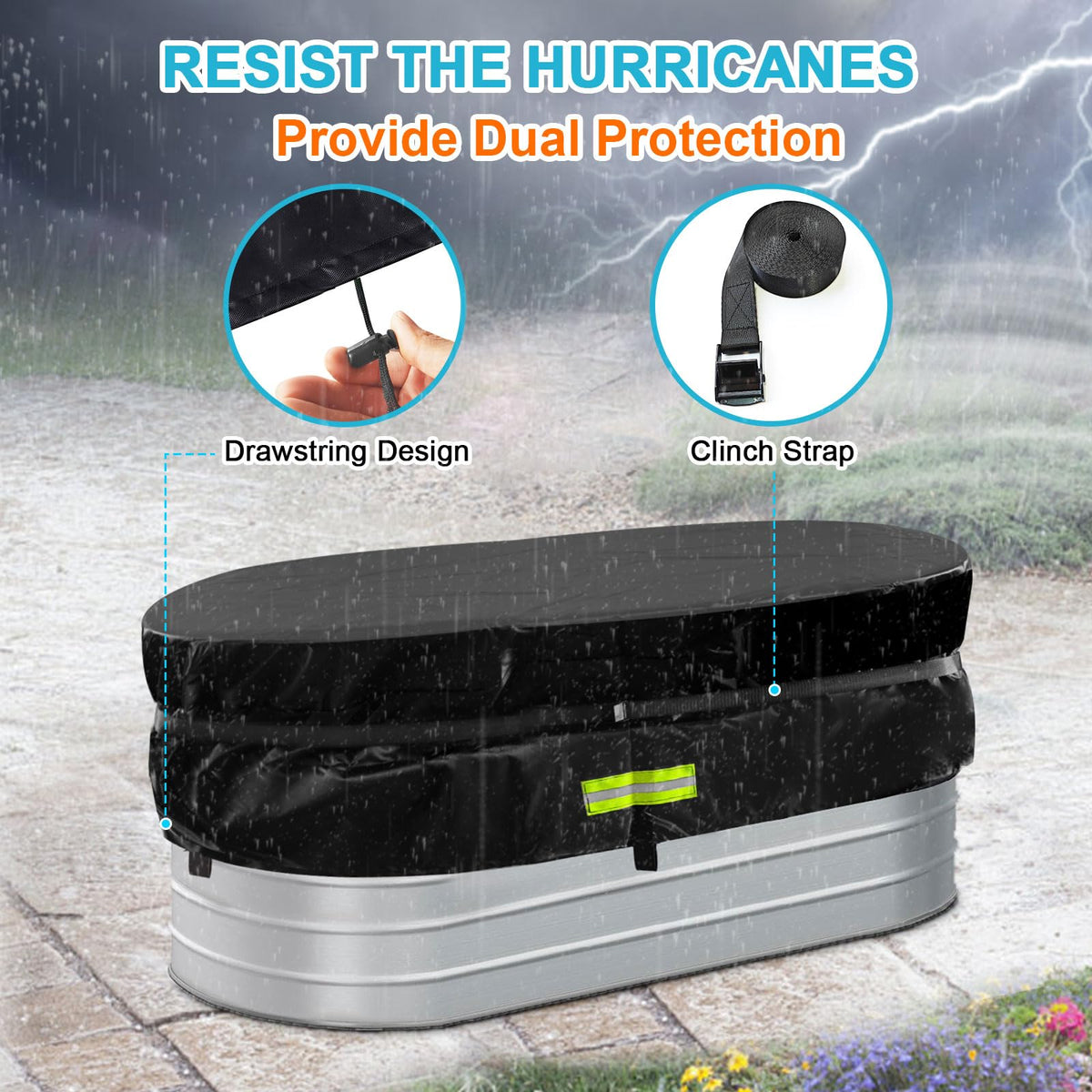 Gecic heavy-duty waterproof fabric covers stock tank from weather