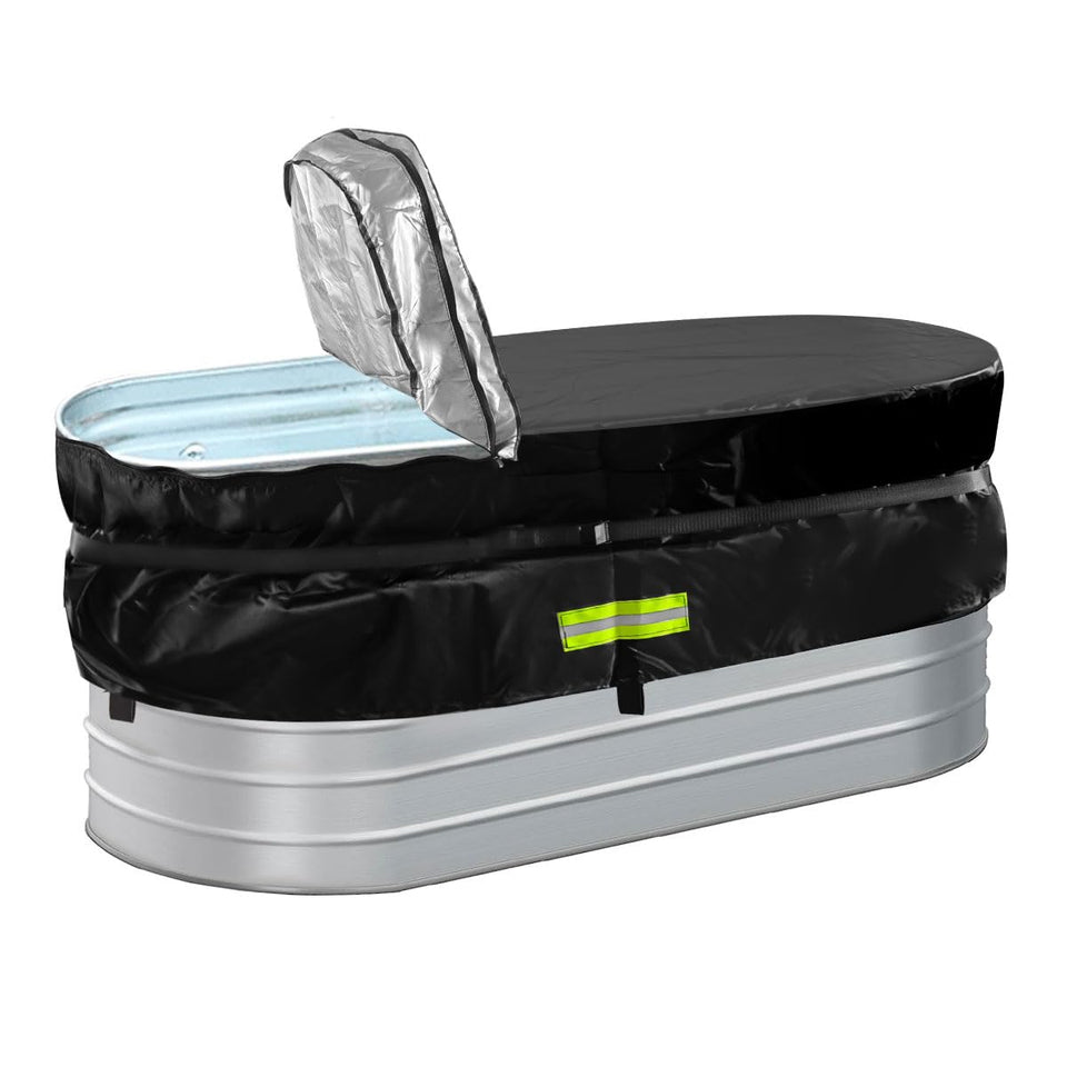 Gecic horse trough cover on oval tank protecting water from debris