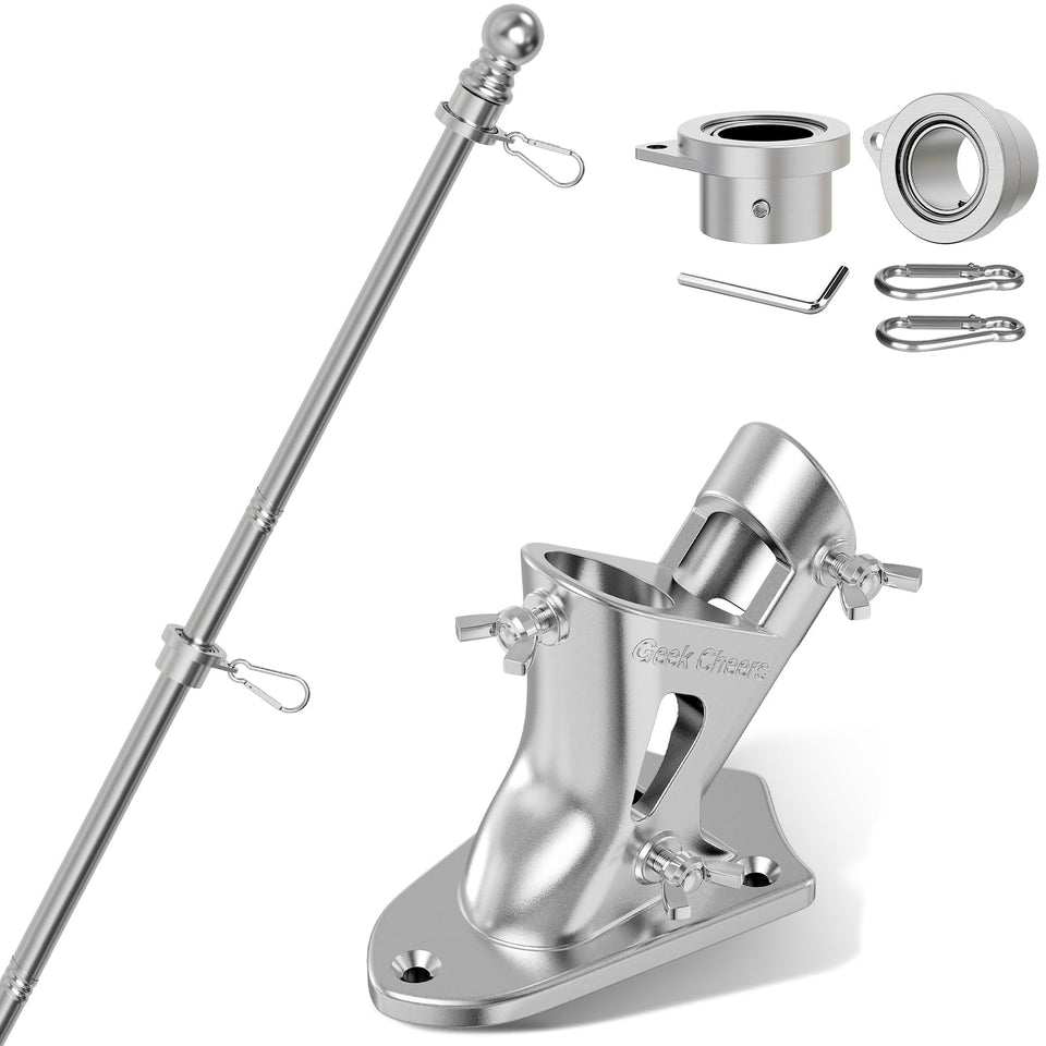 Geek Cheers flag pole kit wall mount bracket shows sturdy stainless steel support for outdoor display.