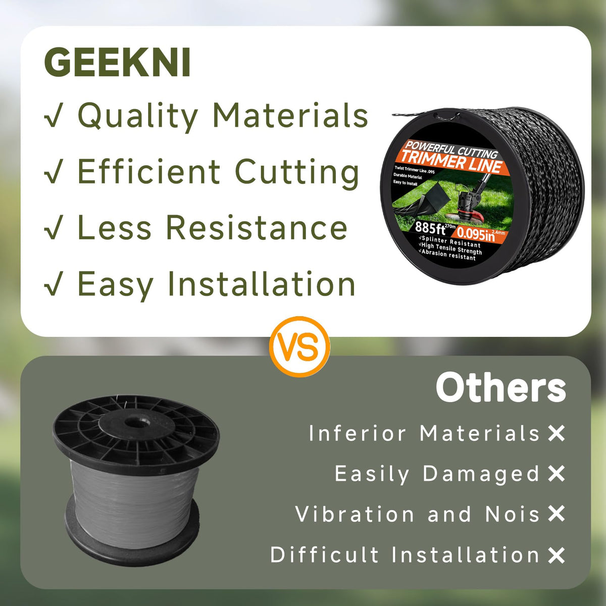 GeekNi nylon 0.095 in trimmer line showing wear resistance in action.