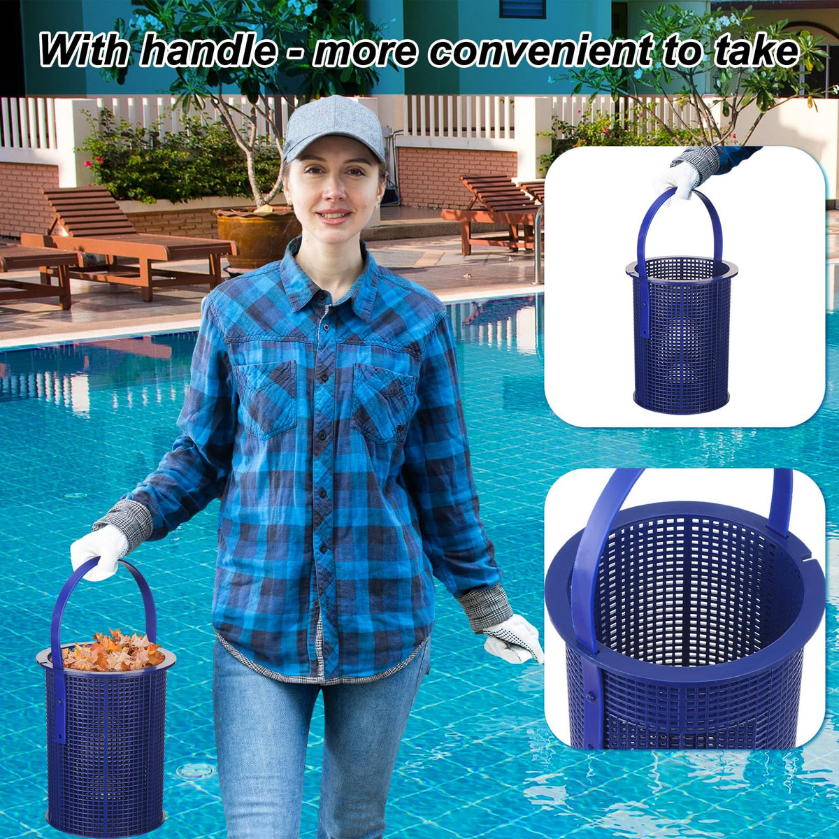 Geelin blue pool basket captures leaves and debris efficiently