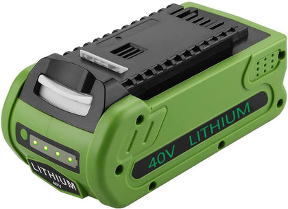 Geelink 40V replacement battery front view showing compact fit for GreenWorks tools