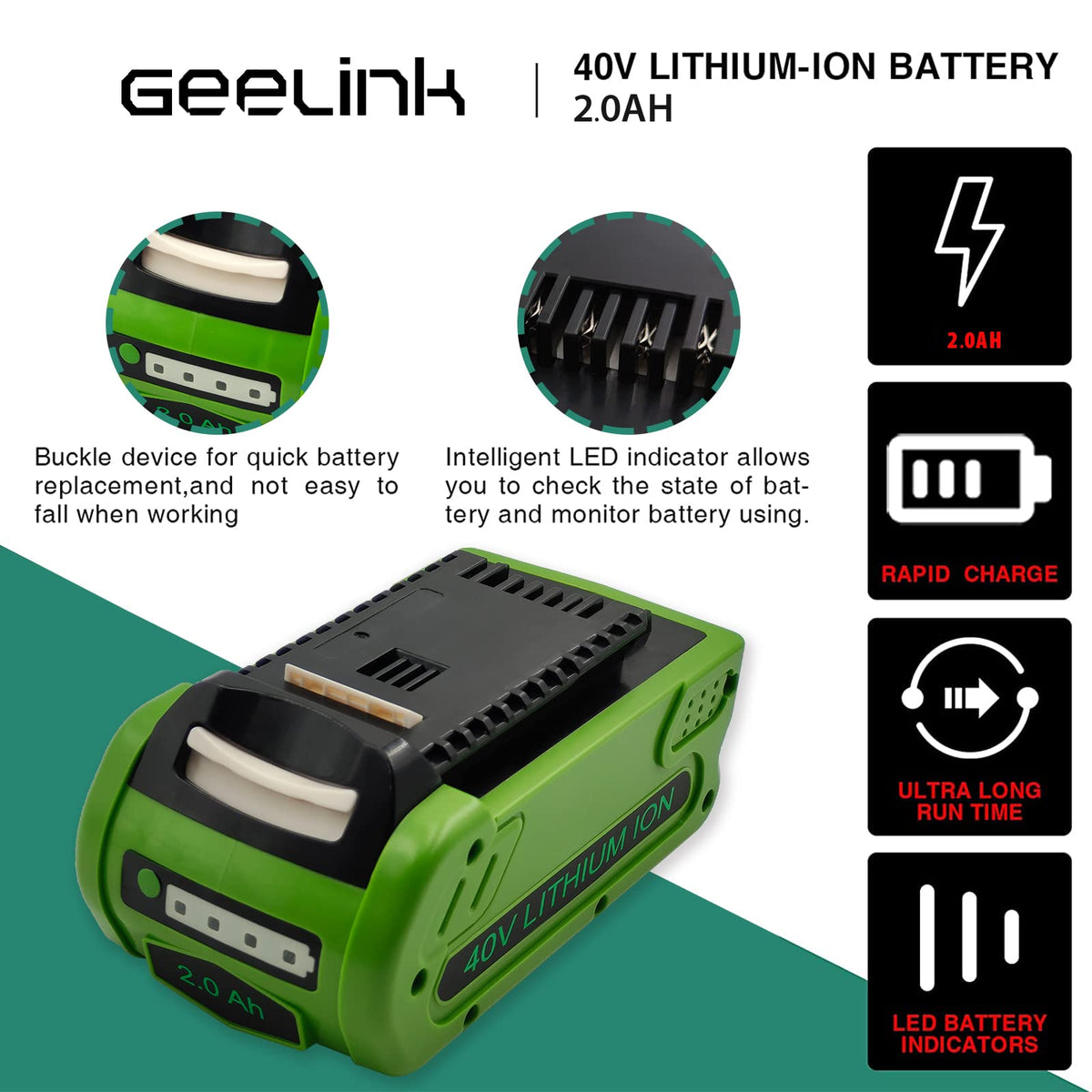 Geelink 40V battery with LED indicators highlighting charge status for GreenWorks