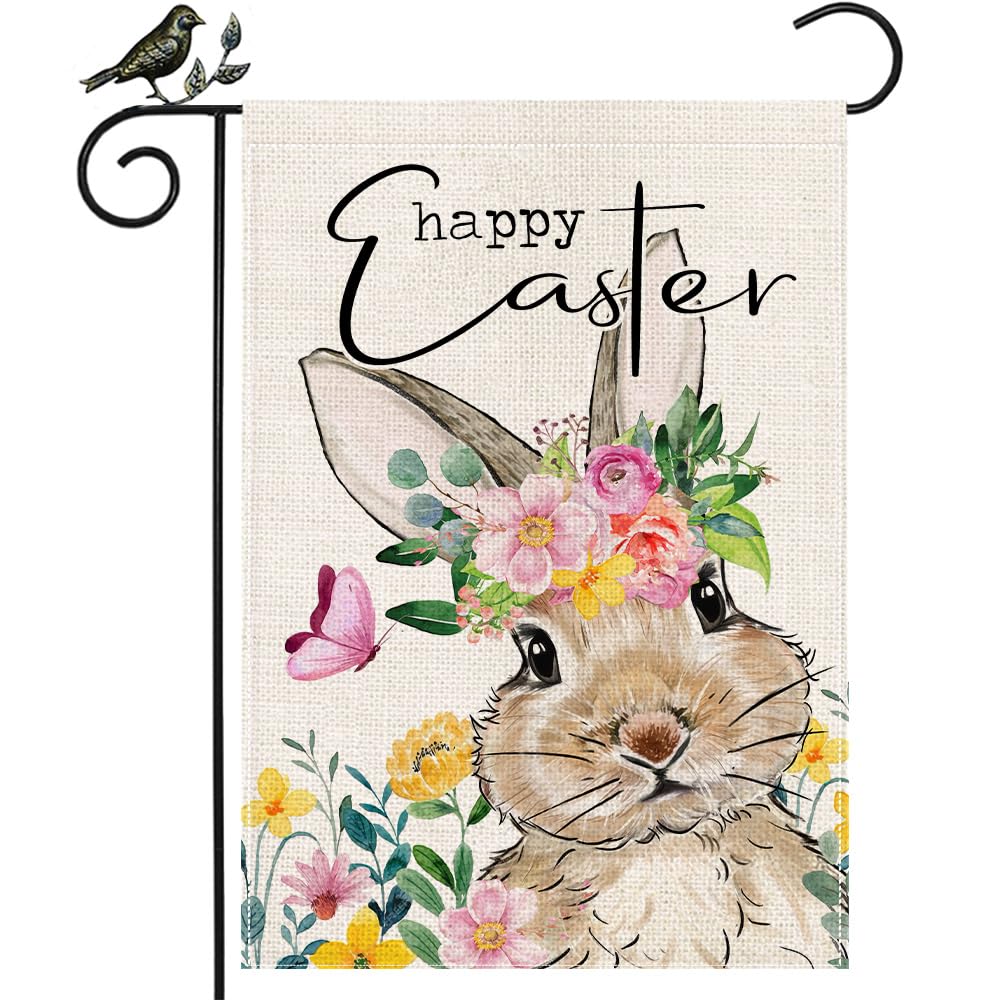 Geeory Easter bunny flag with floral crown, ideal for outdoor spring display.