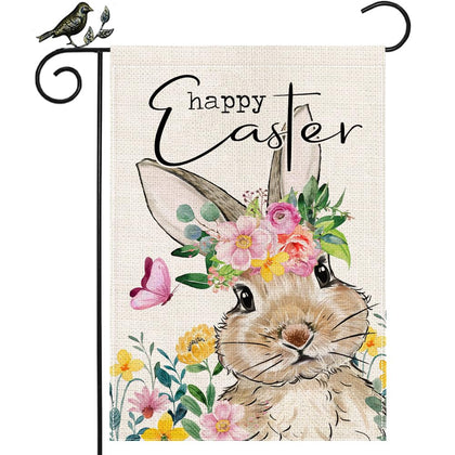 Geeory Easter bunny flag with floral crown, ideal for outdoor spring display.