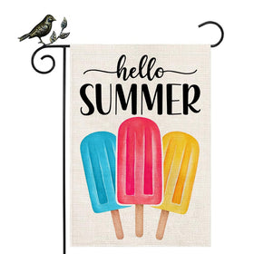 GEEORY Hello Summer Garden Flag front view featuring popsicles for vibrant outdoors