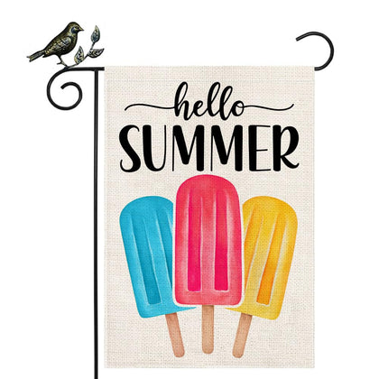 GEEORY Hello Summer Garden Flag front view featuring popsicles for vibrant outdoors