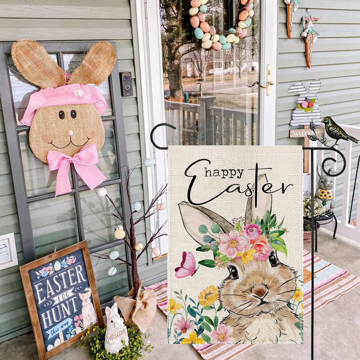 Geeory watercolor bunny on burlap flag showcases vibrant spring colors outdoors.
