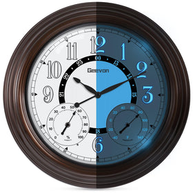 Geevon illuminated outdoor clock with 18-inch bronze frame for stylish timekeeping.