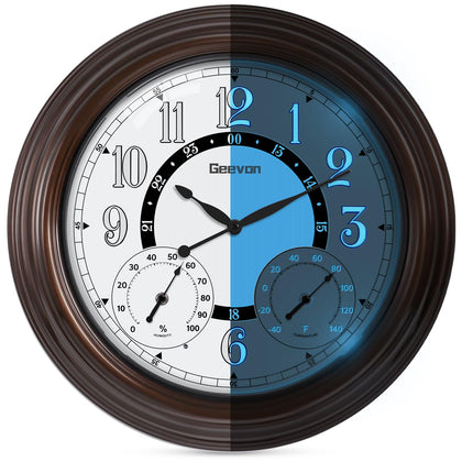 Geevon illuminated outdoor clock with 18-inch bronze frame for stylish timekeeping.