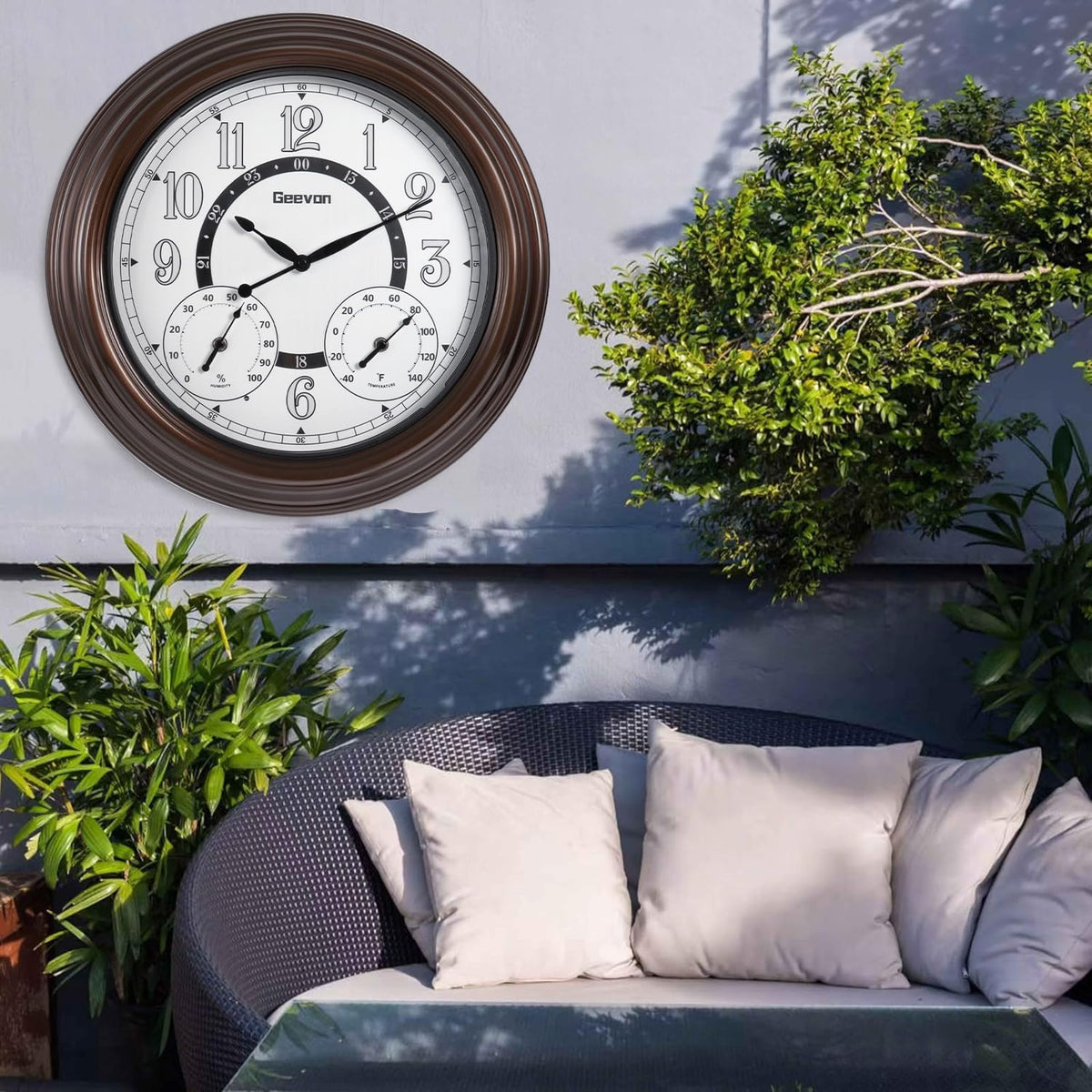 Geevon bronze-framed clock complements patios and garden walls.