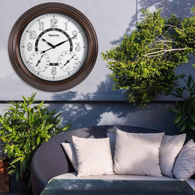 Geevon bronze-framed clock complements patios and garden walls.