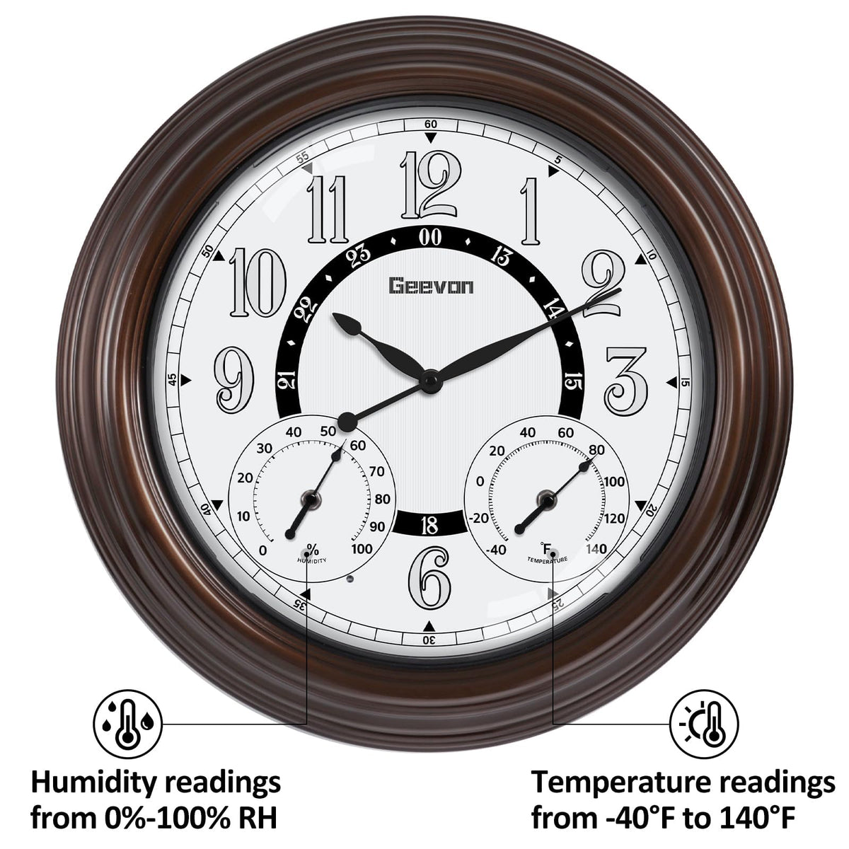 Geevon clock features UV-resistant, waterproof construction for outdoor durability.