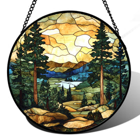 GEFOS stained glass forest lake sunset suncatcher brightens windows with colorful light
