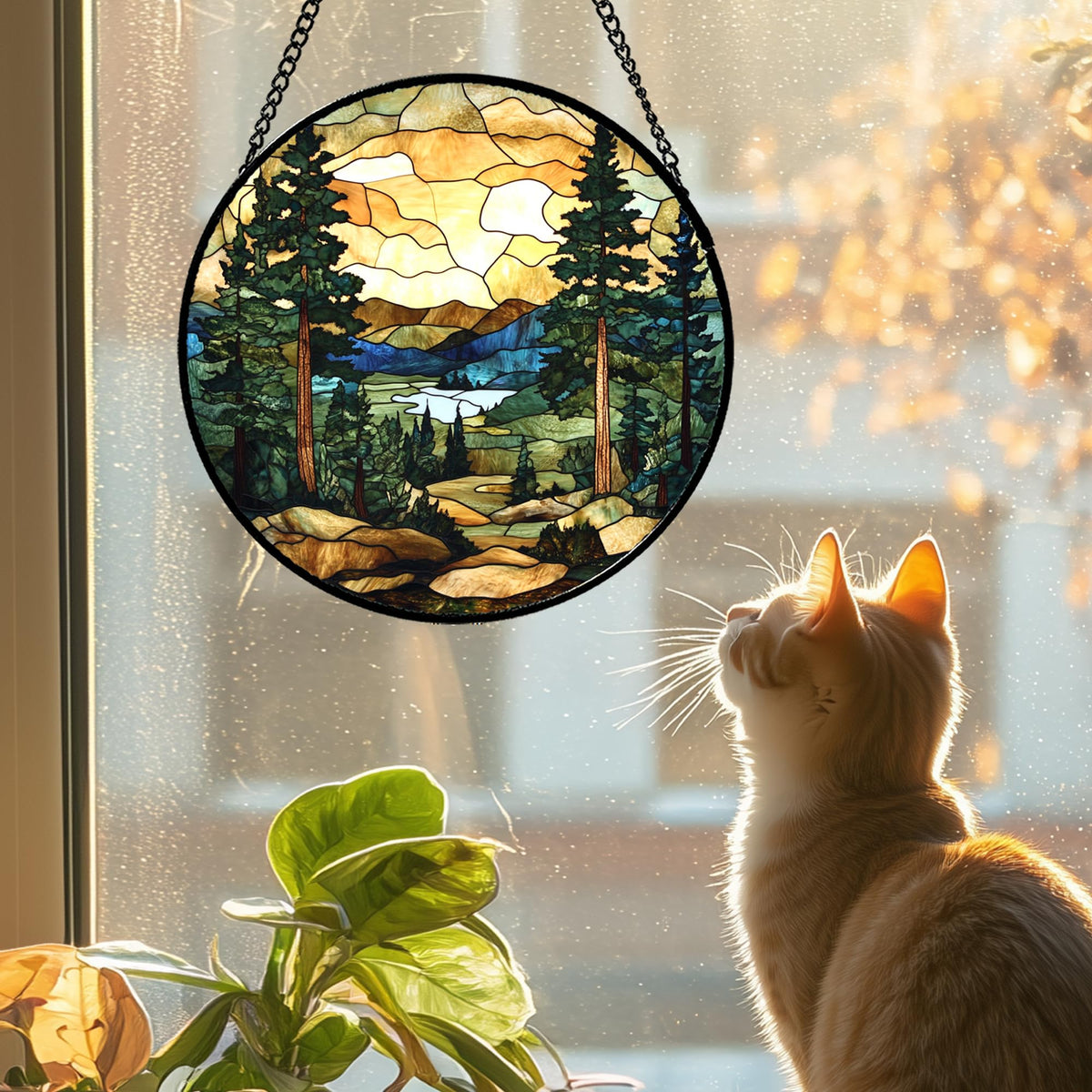 GEFOS stained glass mountain sunrise suncatcher vivid hues focal window