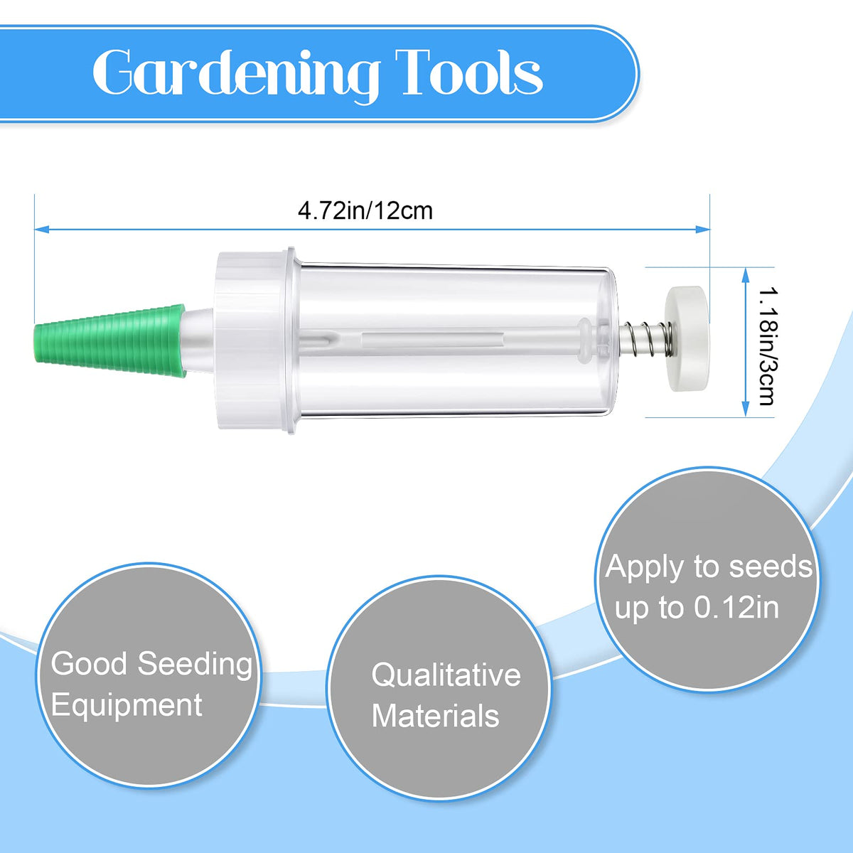 Geiserailie seed dispenser handle close-up showing comfortable grip and control.