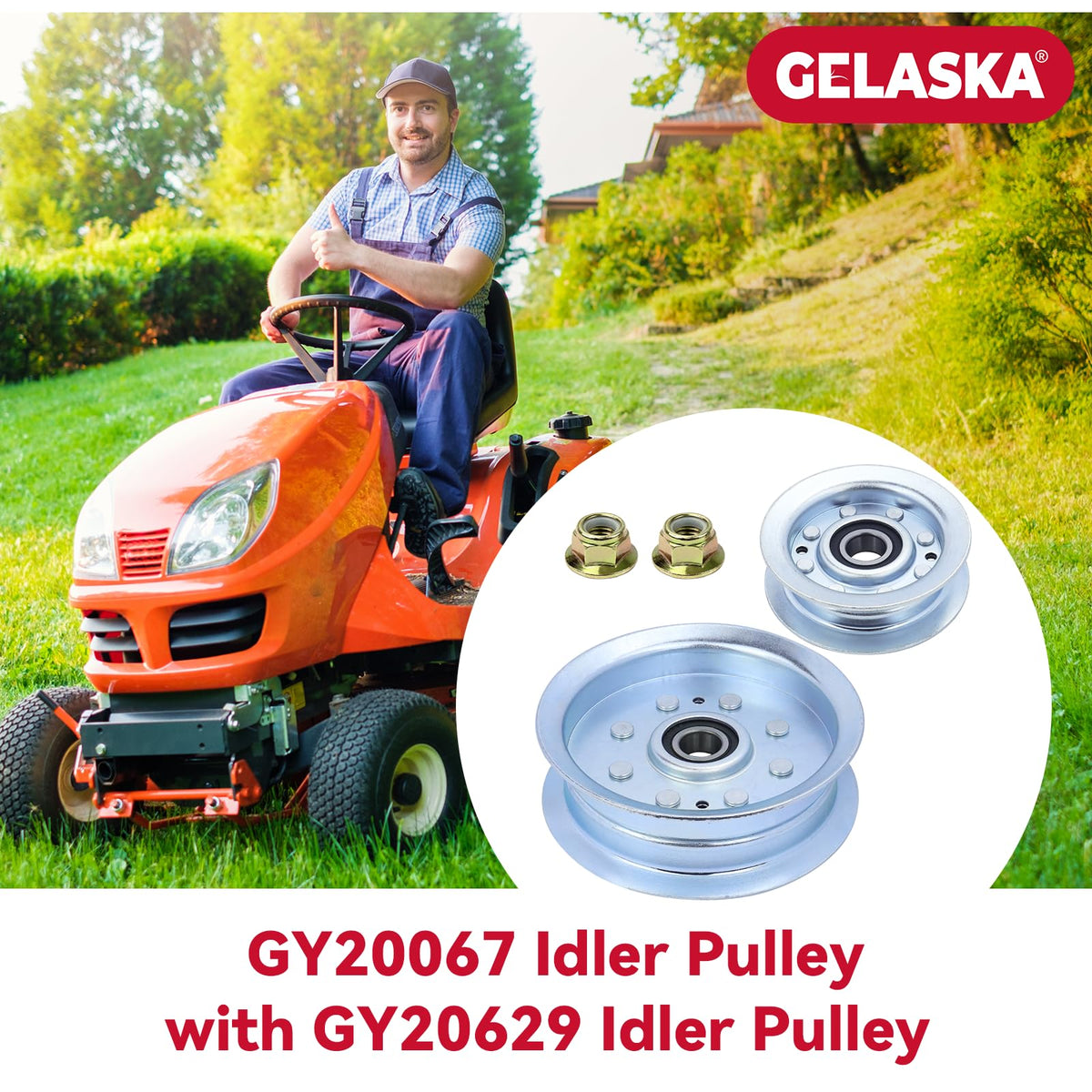 GELASKA GY20629 idler pulley ensures smooth belt glide on compatible John Deere mowers.
