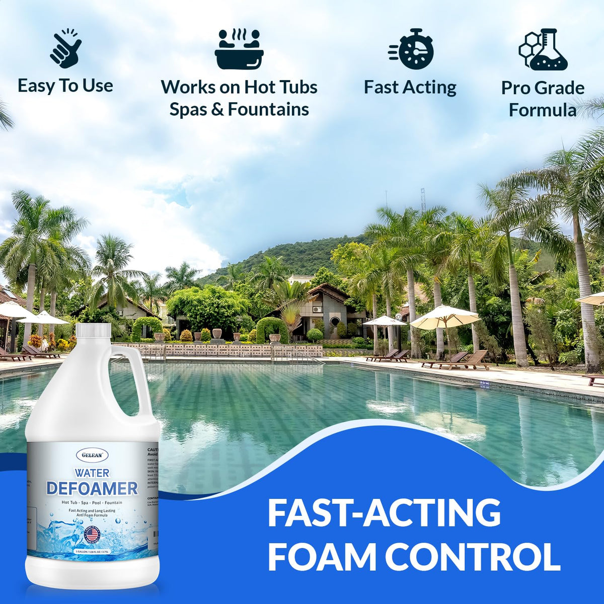 GELEAN bottle on shelf highlights convenient eco-friendly hot tub maintenance choice.