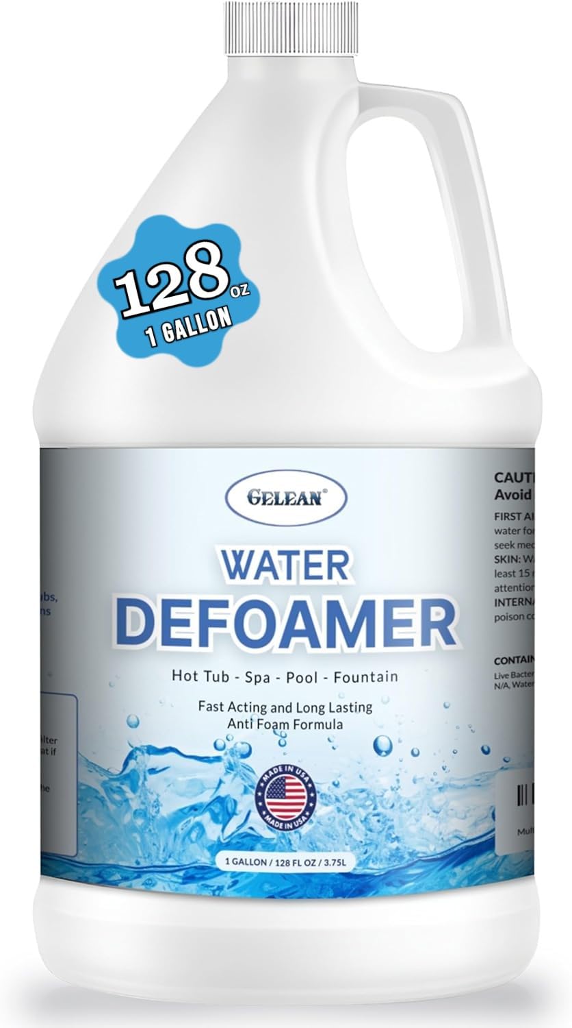 GELEAN hot tub defoamer bottle pour reduces foam quickly for spa maintenance.
