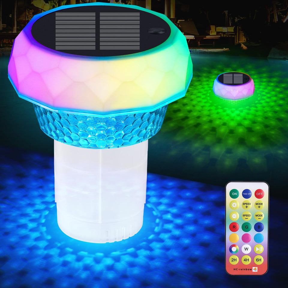 Gemce solar pool chlorine floater 2-pack with vibrant RGB LEDs for night swimming.