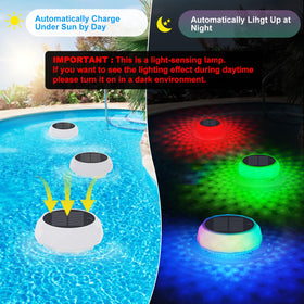 Gemce solar floater remote-control color options create customizable pool ambience.