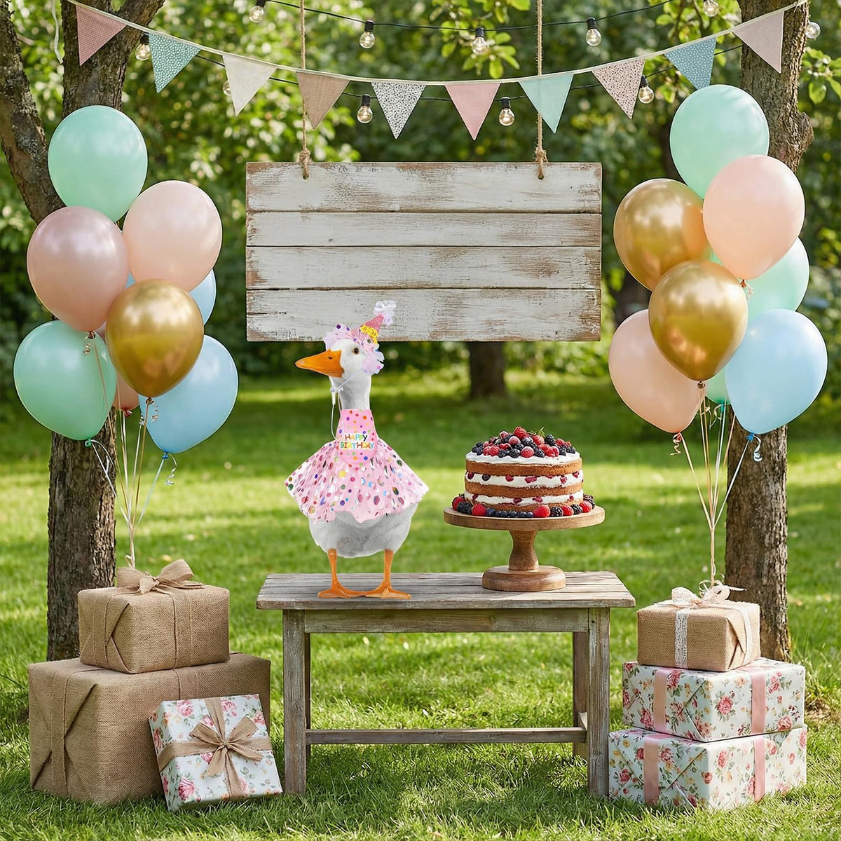 Gemoioio garden photo setup featuring the pink goose outfit