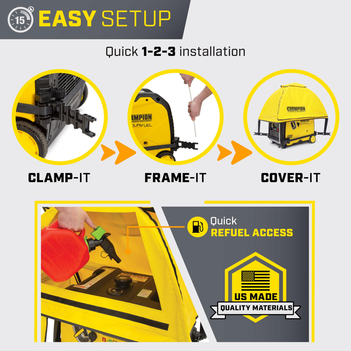 GenTent Storm Shield with refueling door open for quick, safe topping up