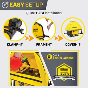 GenTent Storm Shield with refueling door open for quick, safe topping up