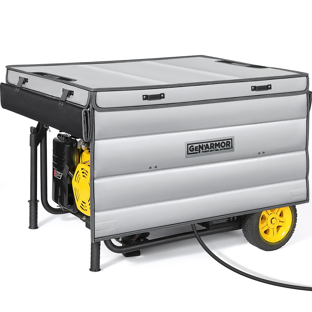 GenArmor grey enclosure shown protecting a generator in real-world conditions