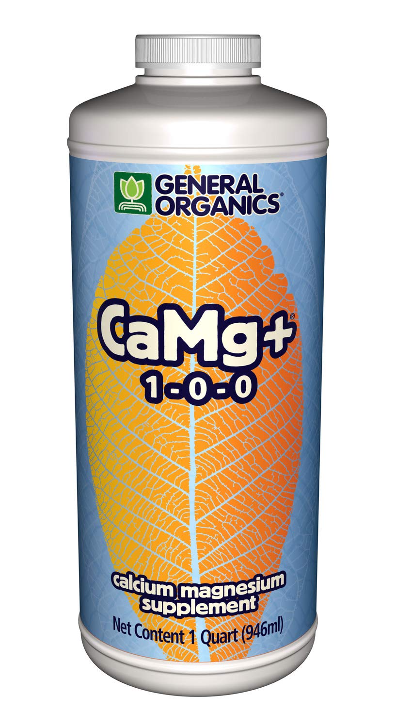 General Hydroponics CaMg+ bottle pour for steady calcium and magnesium uptake.