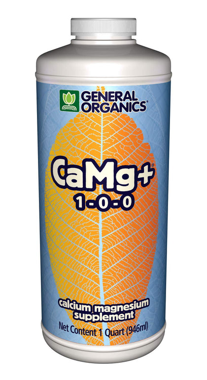 General Hydroponics CaMg+ bottle pour for steady calcium and magnesium uptake.