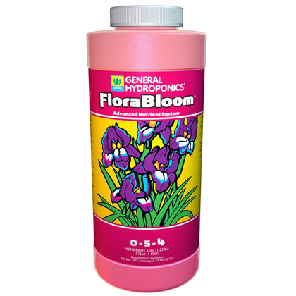 General Hydroponics FloraBloom bottle pour enabling precise flowering-stage feeding.