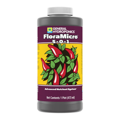 General Hydroponics FloraMicro 5-0-1 bottle front view for hydroponic feeding