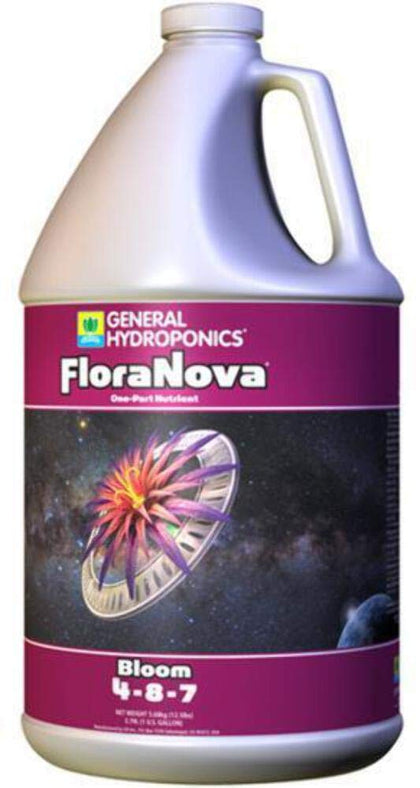 General Hydroponics FloraNova Bloom bottle pour for easy dosing and flowering support.
