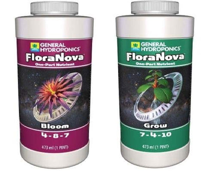 General Hydroponics FloraNova Grow and Bloom bottle for hydroponic and soil cultivation.