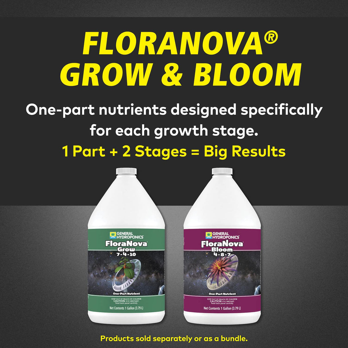 General Hydroponics FloraNova Grow label shows 7-4-10 NPK for precise feeding.