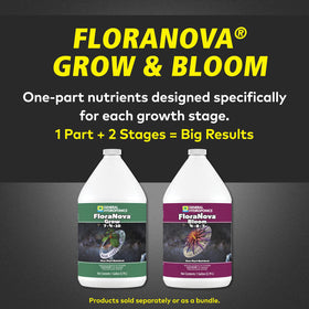 General Hydroponics FloraNova Grow label shows 7-4-10 NPK for precise feeding.