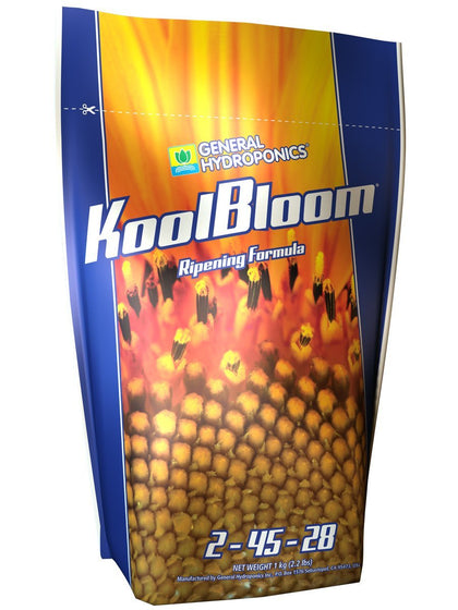 General Hydroponics KoolBloom bottle supports late-stage flowering and ripening for vibrant blooms.