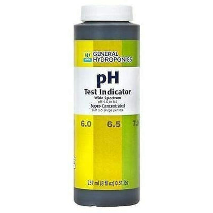 General Hydroponics pH Test Indicator bottle with color chart for quick readings in nutrient solutions