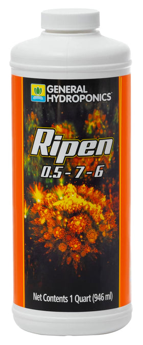 General Hydroponics Ripen bottle close-up highlighting nutrients for richer flowering and fragrance.