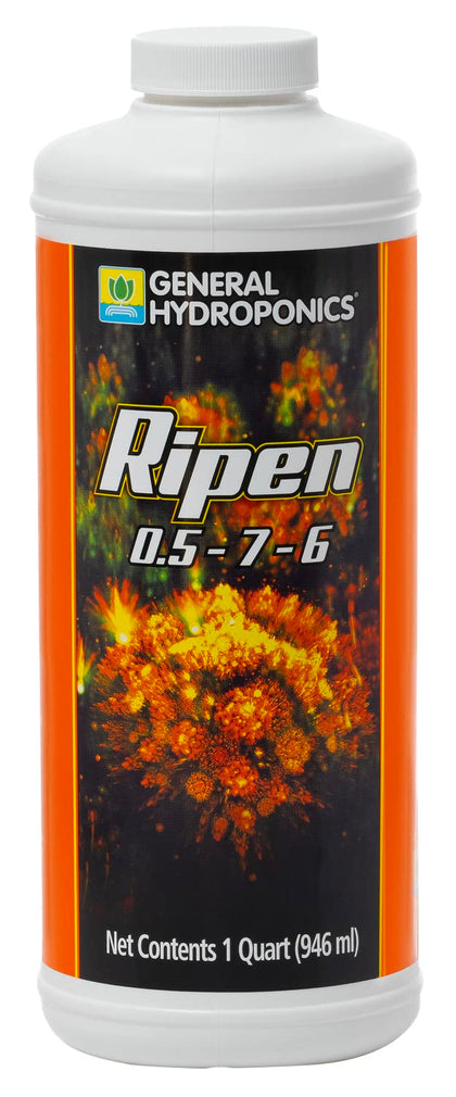 General Hydroponics Ripen bottle close-up highlighting nutrients for richer flowering and fragrance.