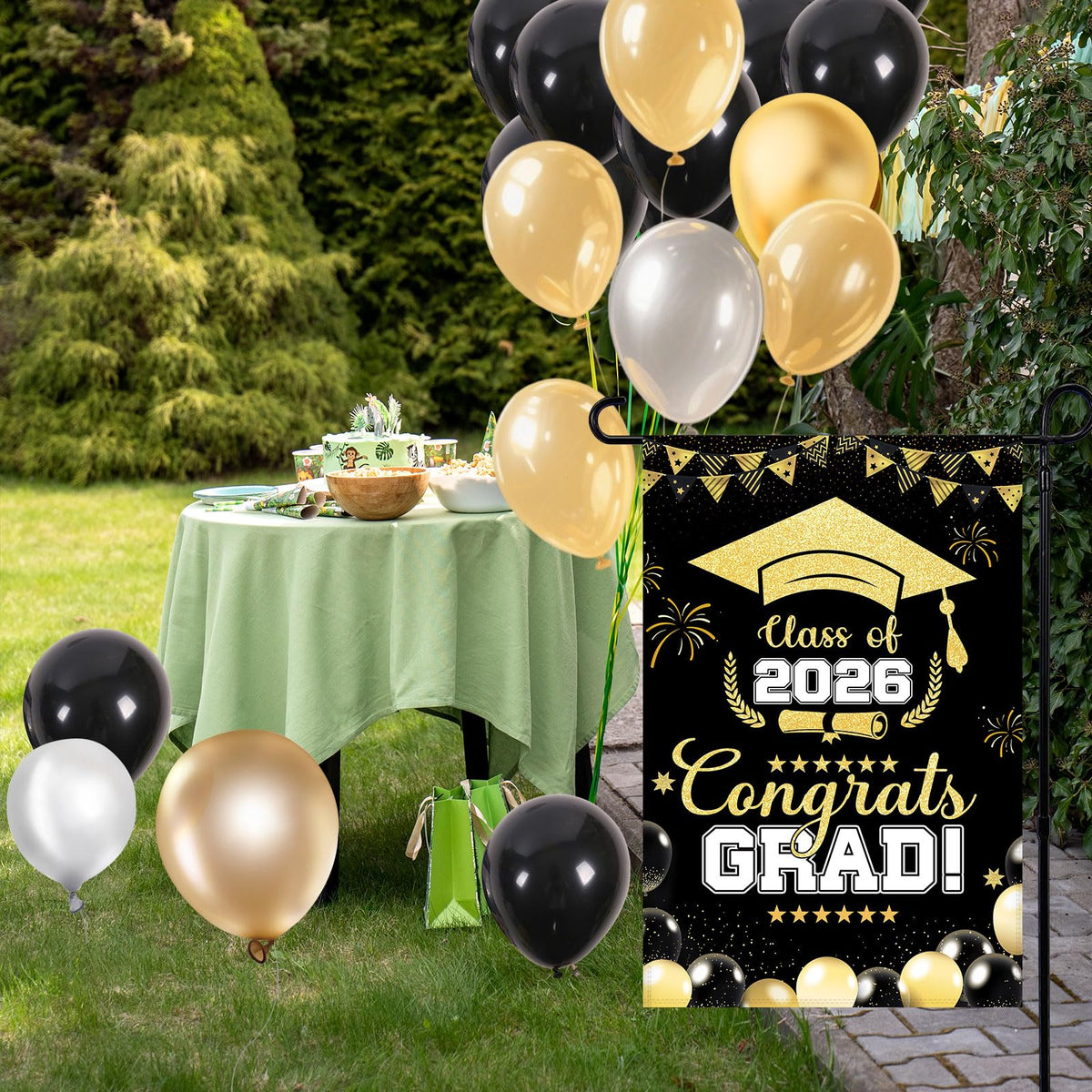 Generic 2026 Graduation Flag outdoor lawn display in black and gold colors.