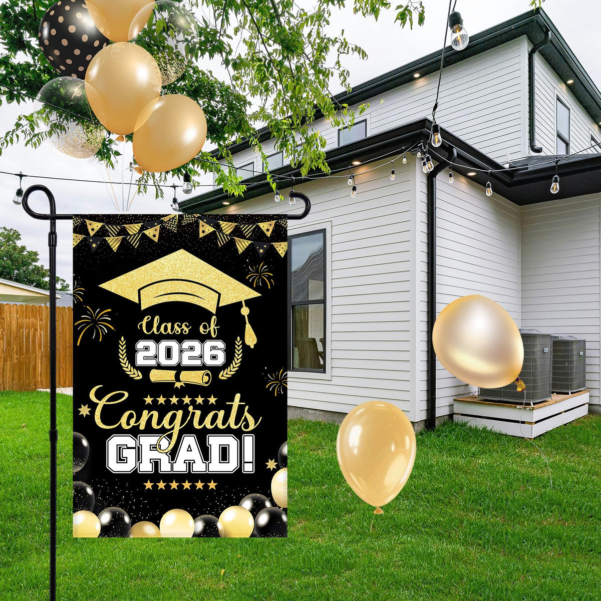 Generic 2026 Graduation Flag porch banner setup for backyard celebrations.