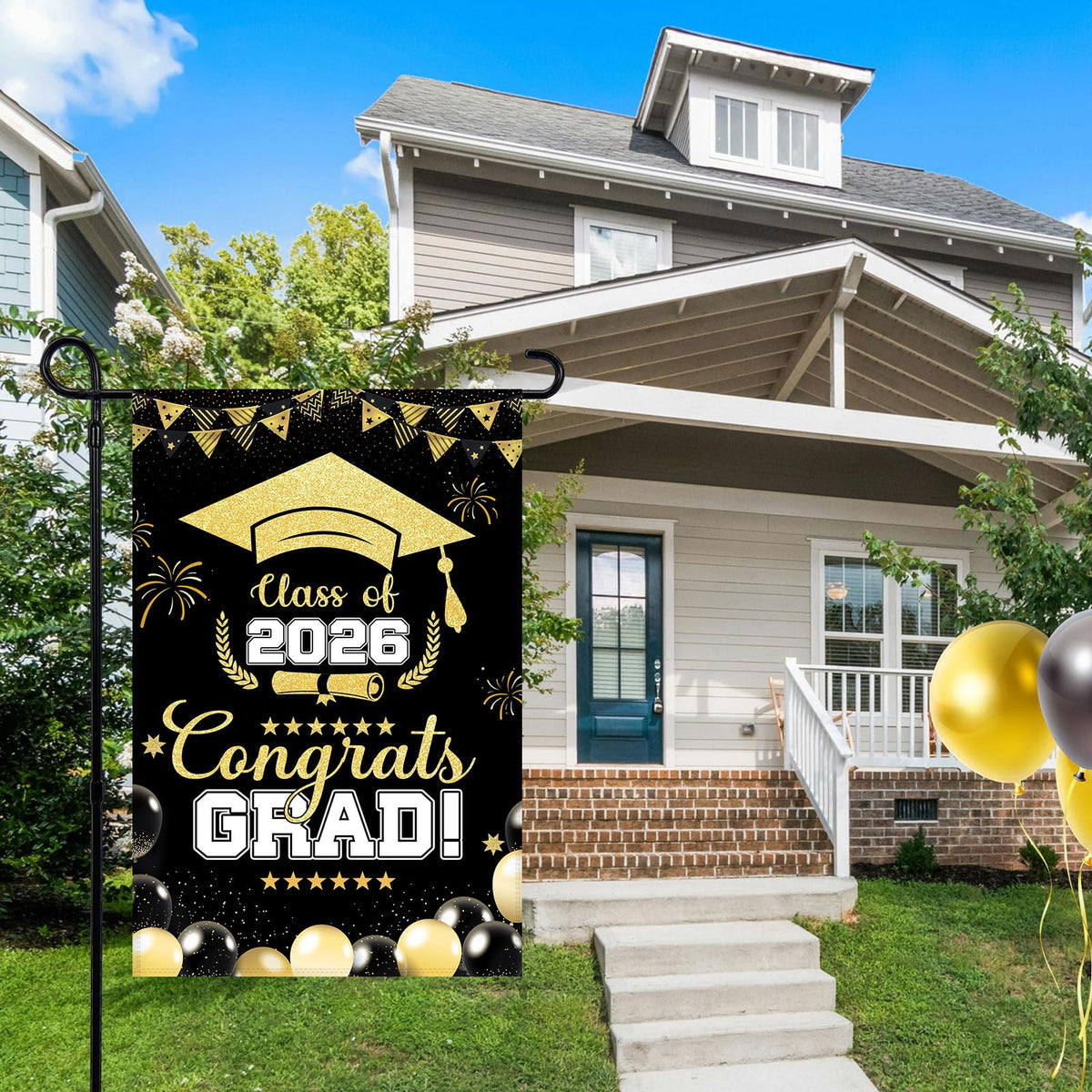 Generic 2026 Graduation Flag yard sign readable from driveways and sidewalks.