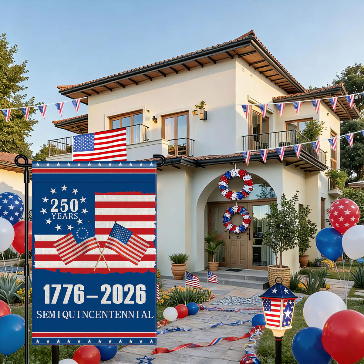 Generic 250th Anniversary USA flag vibrant colors, side view for yard decor