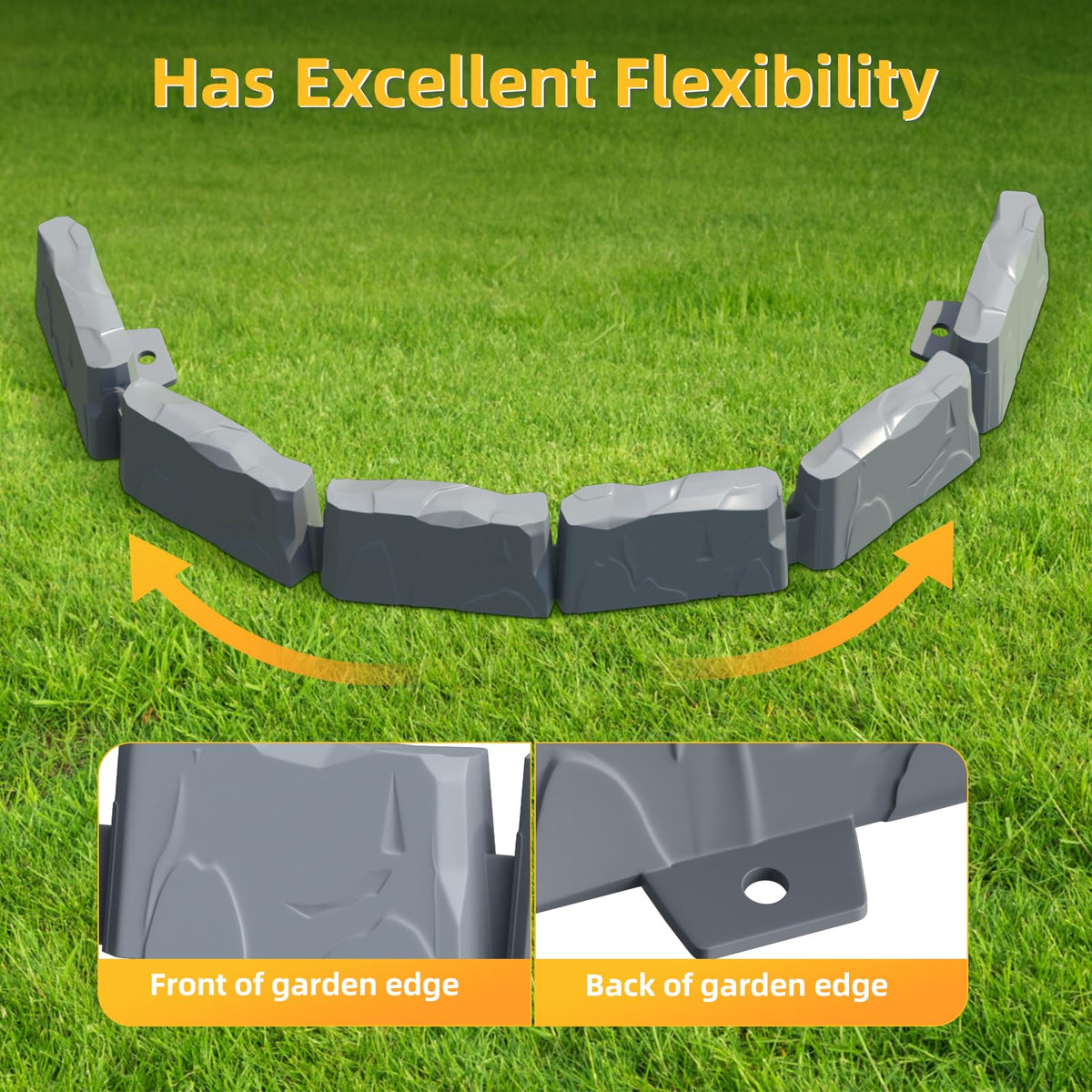 Generic 3-inch tall faux stone edging bricks create clean lines around flower beds.