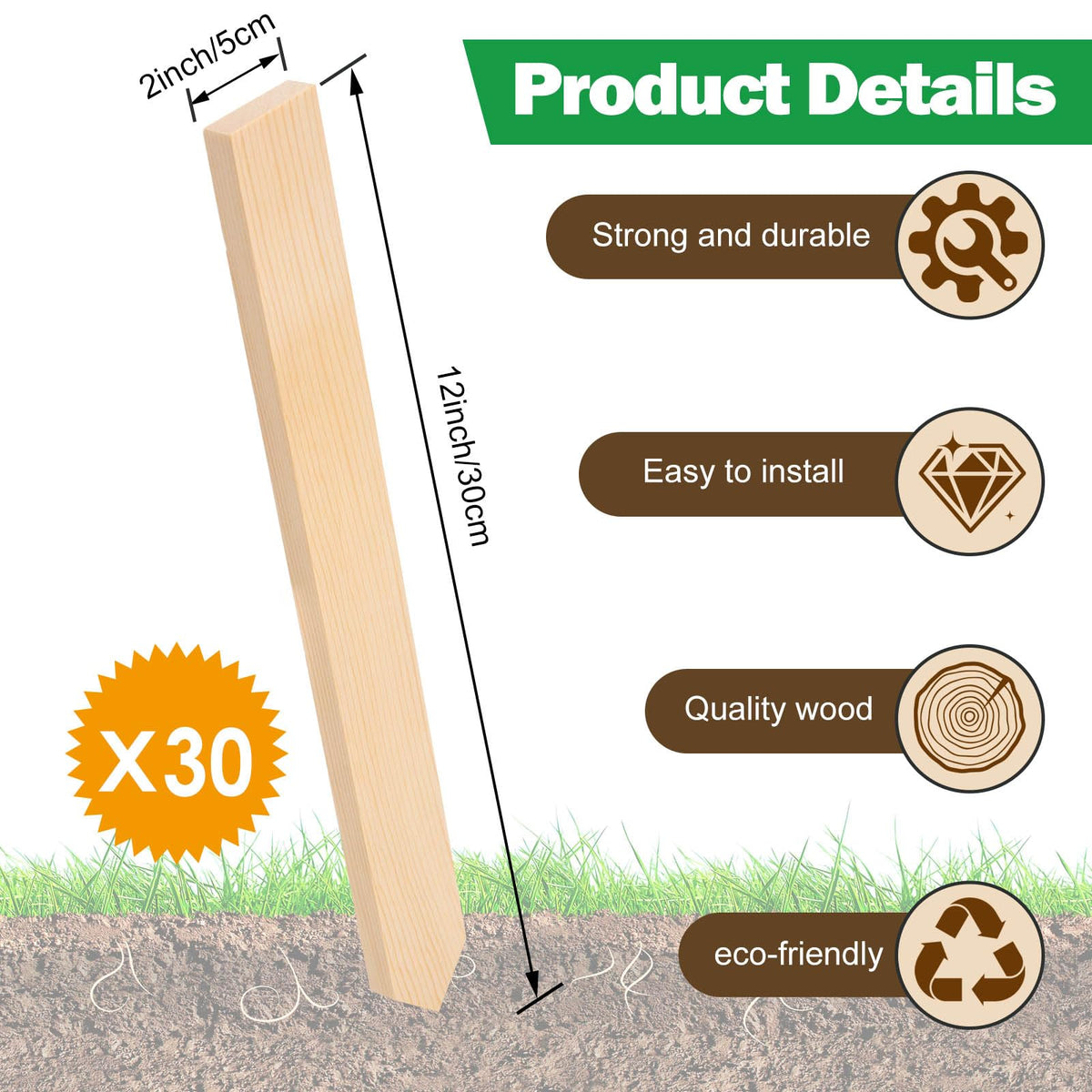 Generic 30-pack wooden stakes with tapered tip—easy soil insertion.