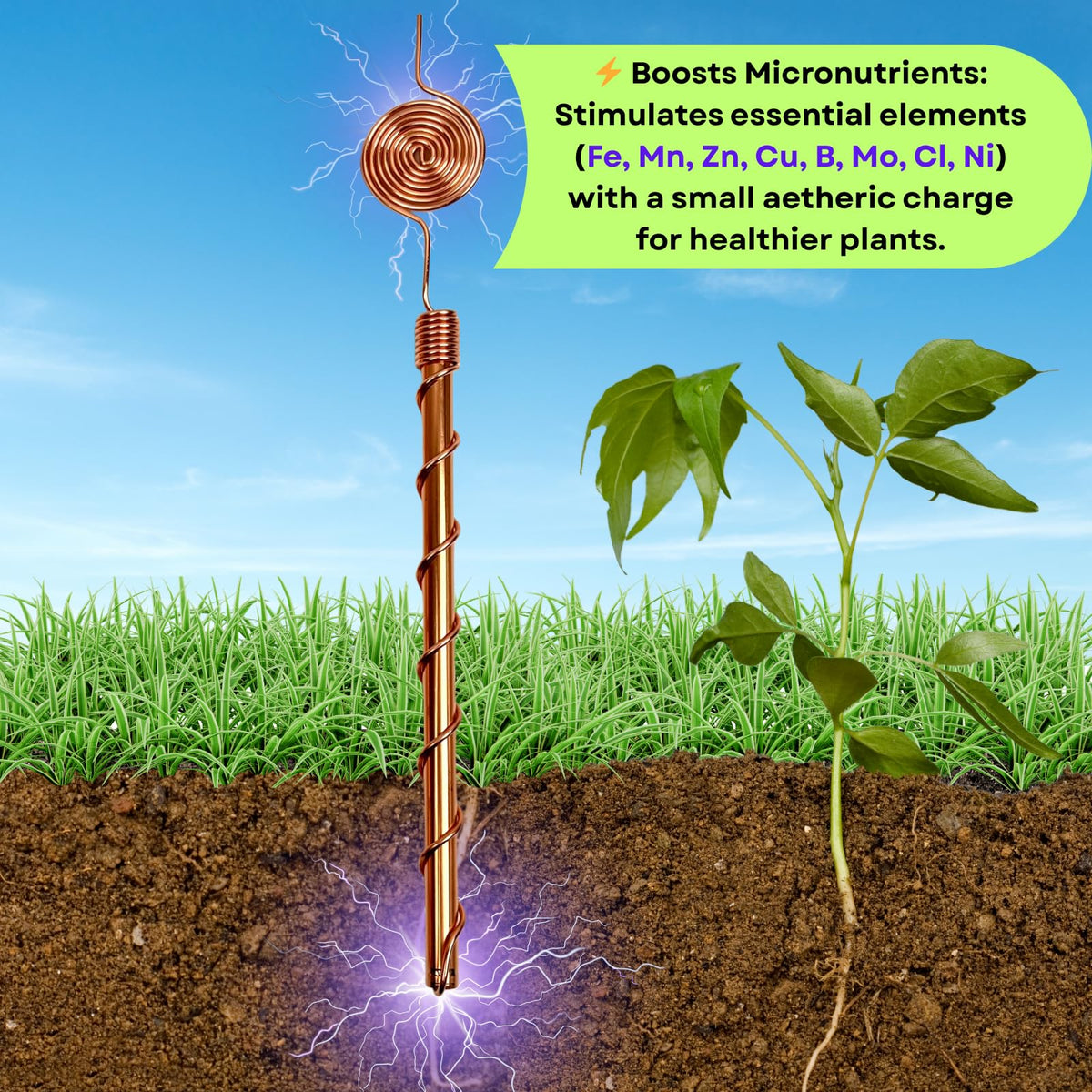 Generic 369 spiral copper antenna on garden bed highlights soil health support
